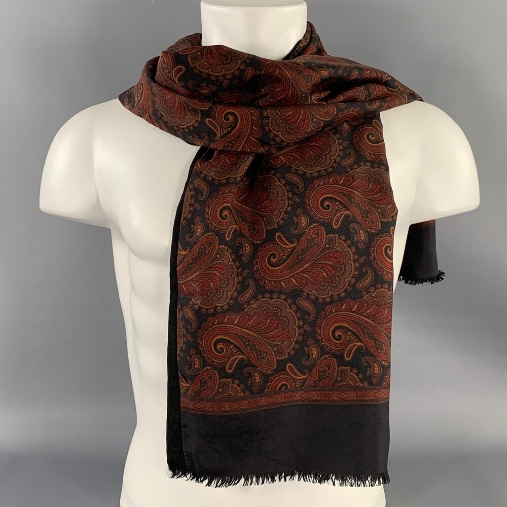 LUCIANO Size One Size Black Burgundy Paisley Silk Wool Scarves
